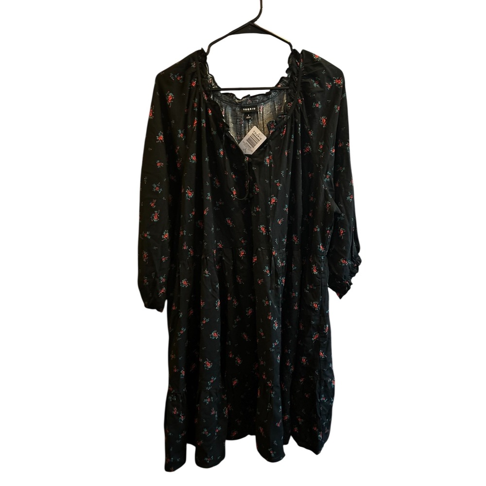 Torrid Women's 1X Black Rose Daisy Floral Deep V Neck 3/4‎ Sleeve Mini Dress